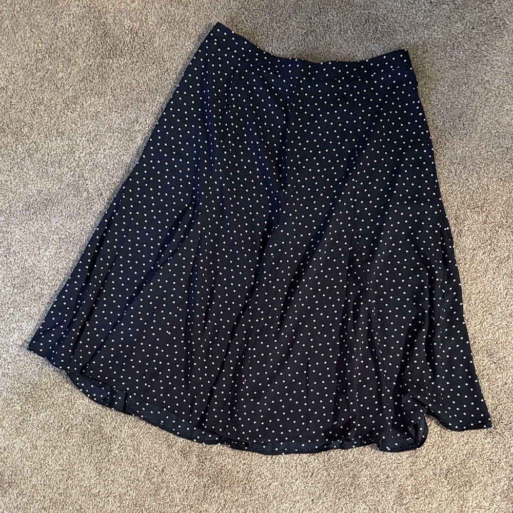 LOFT Navy Midi Skirt with White Polka Dots